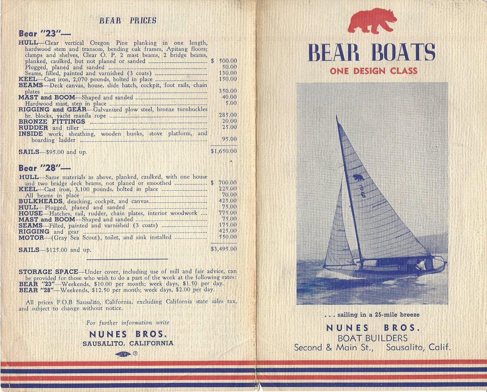 Front panel of an original Nunes Brothers sales brochure for Bear Boats